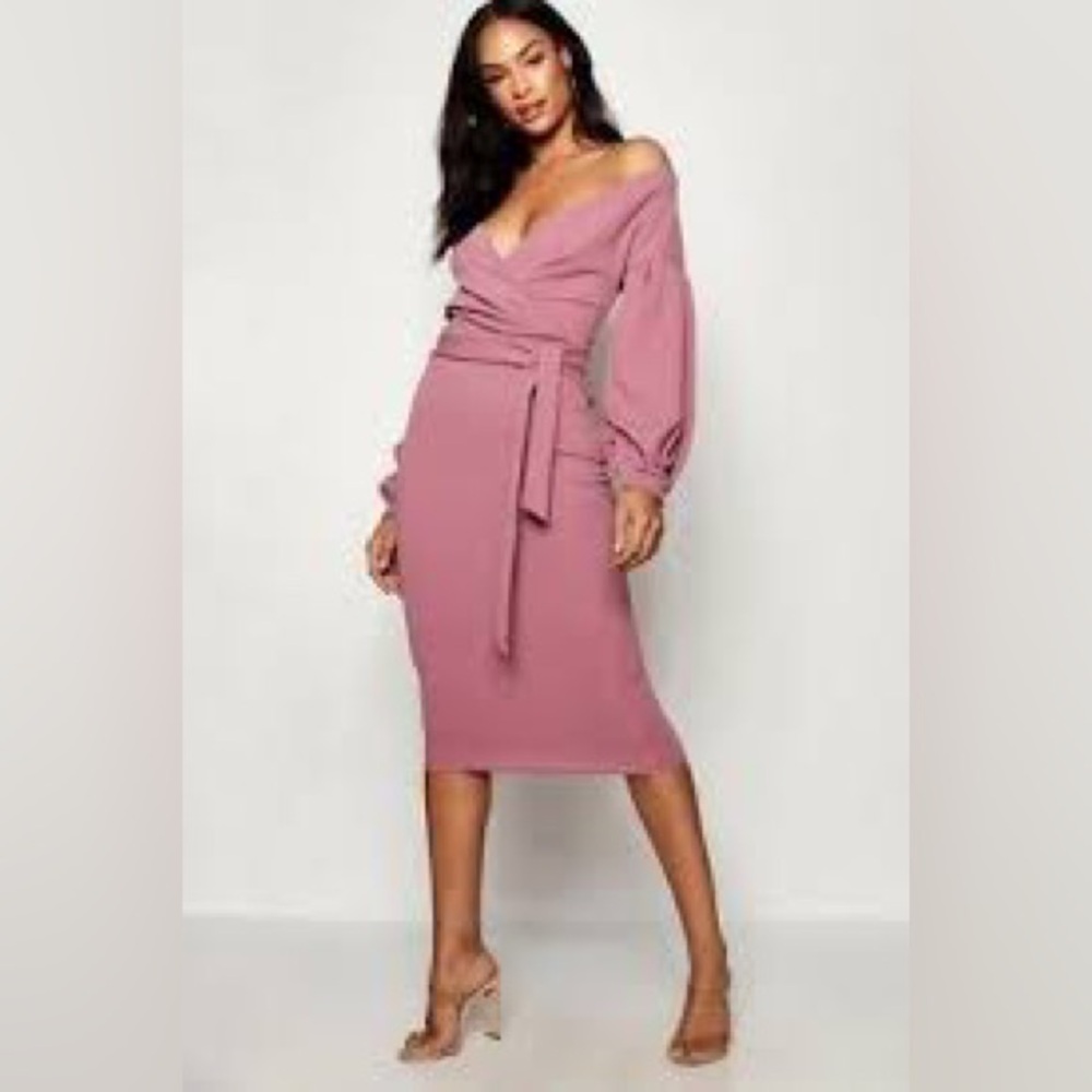 Boohoo Maternity Off Shoulder Wrap Midi Dress in Mink Mauve Color Sz 2